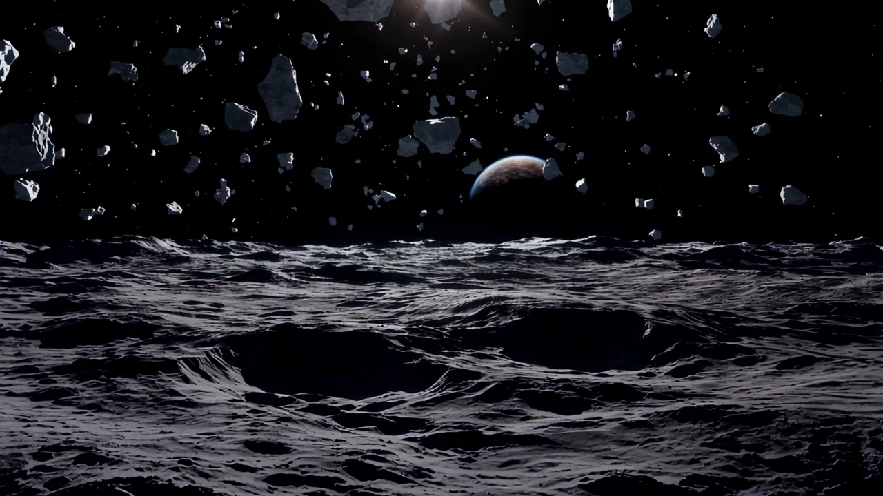 Surface of the Moon with Crater Shadows and Earth in View