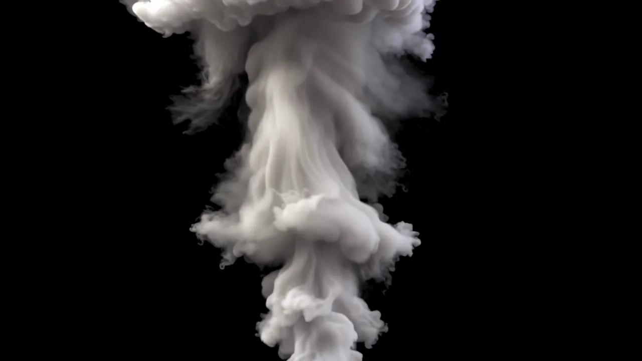 Thick Billowing Grey Smoke Cloud Against Black Background