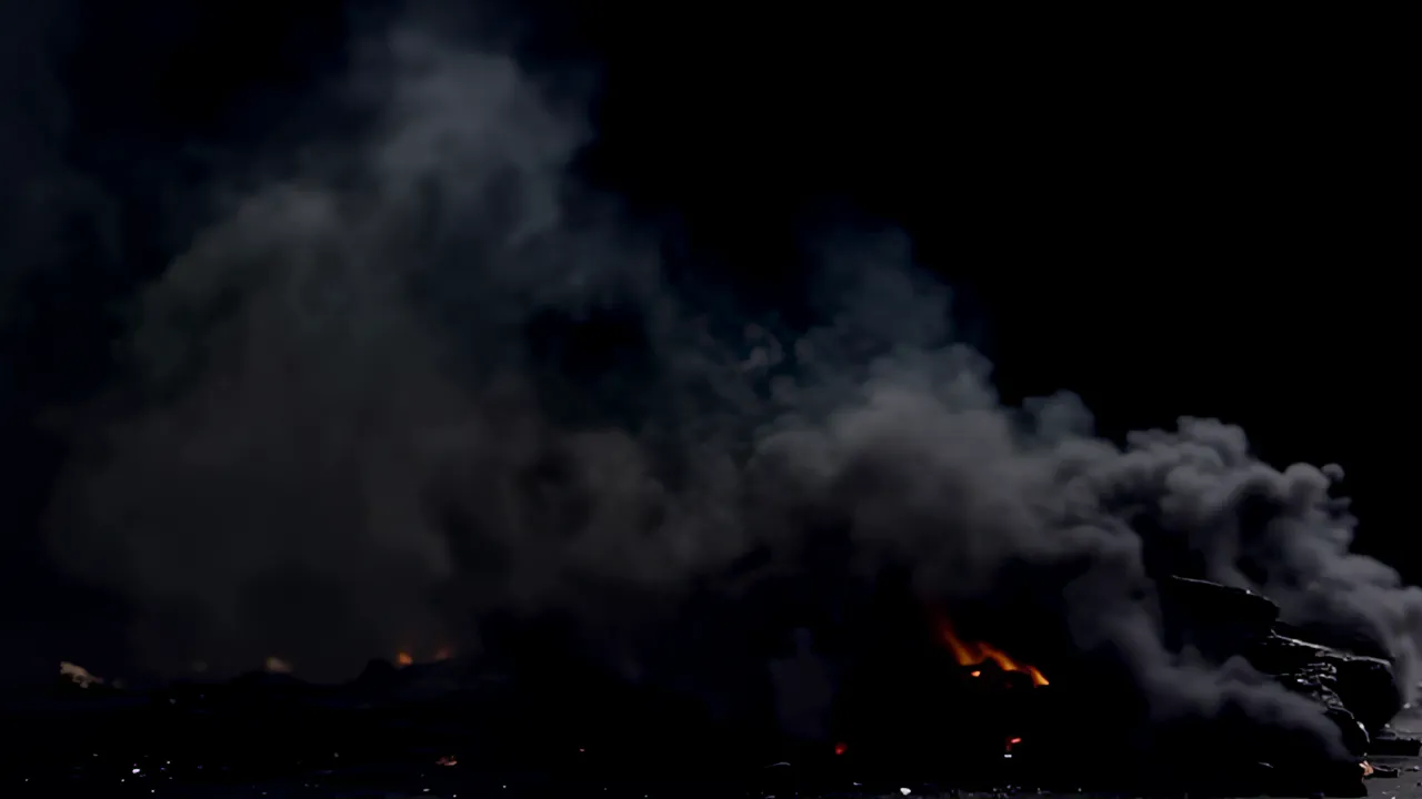 Thick Smoke Rolling Along the Ground at Night