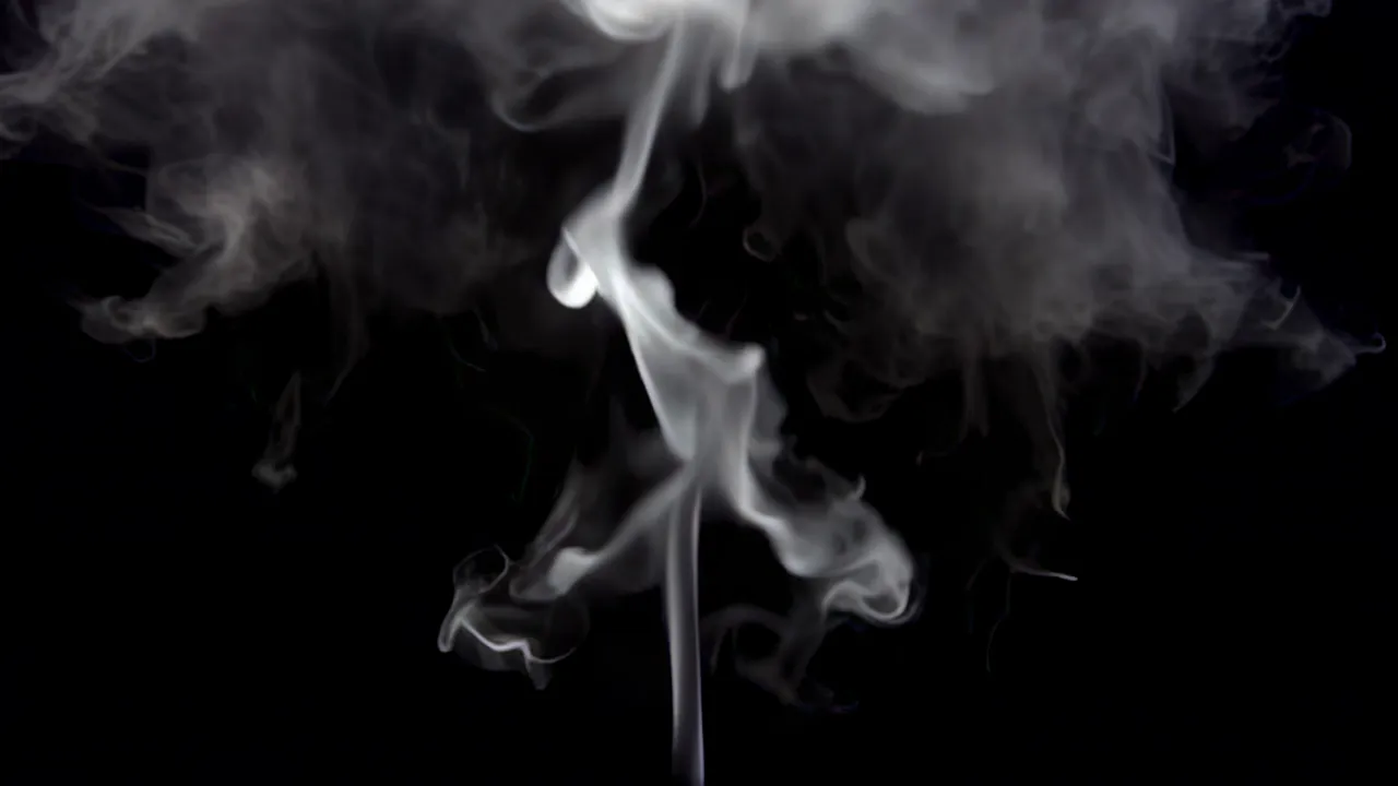 Thin Curling Smoke Filament Rising in Black Background