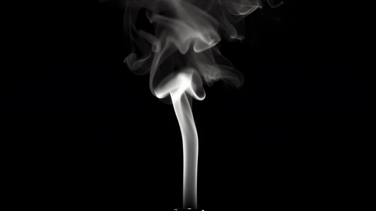 Thin Curling Smoke Filament Rising in Darkness