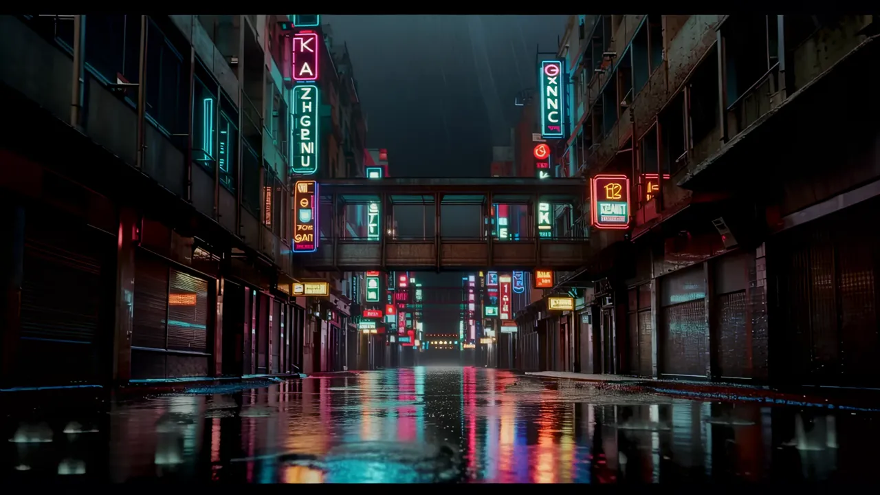 Tight Alleyway with Neon Signs in Rainy Atmosphere