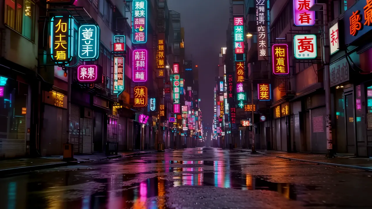 Tight Alleyway with Neon Signs in Urban Setting