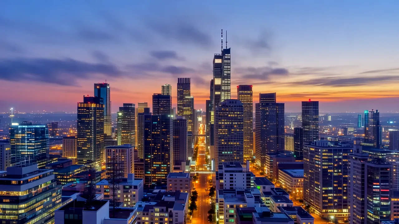 Time-lapse of Urban Skyline at Sunset with Towering Buildings