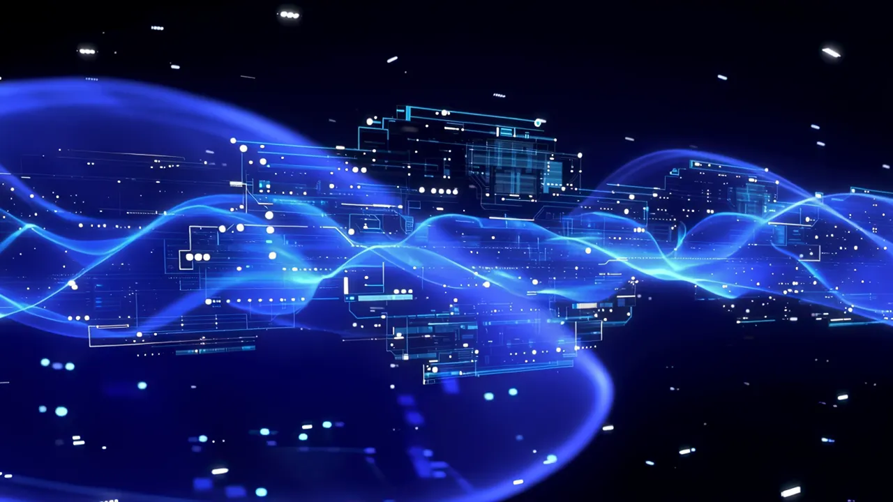 Translucent Blue Light Layers Over Data Planes in Black Space