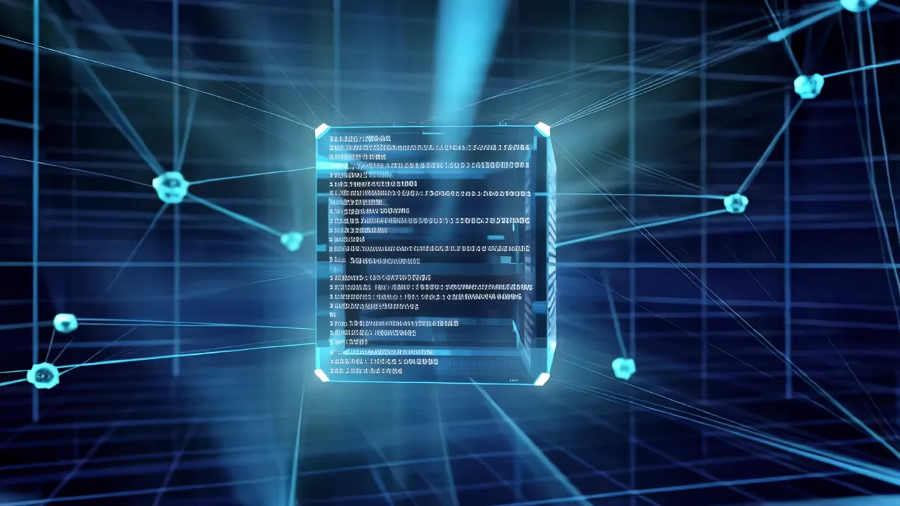 Transparent Blue Data Cube with Scrolling Code in Digital Space