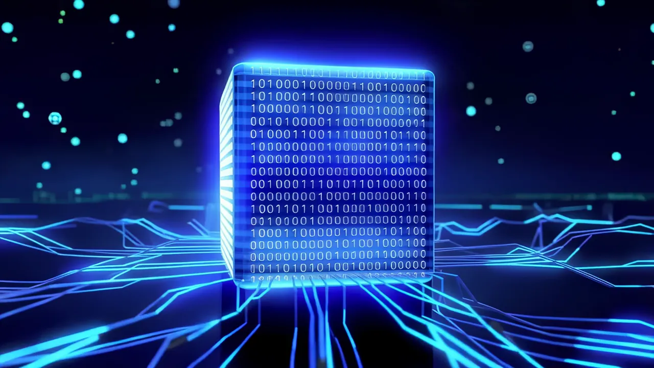 Transparent Blue Data Cube with Scrolling Code in Digital Space