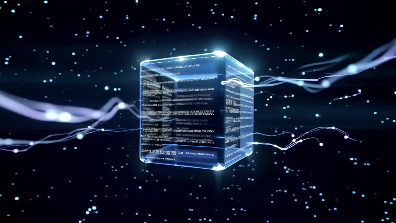 Transparent Blue Data Cube with Scrolling Code in Digital Void