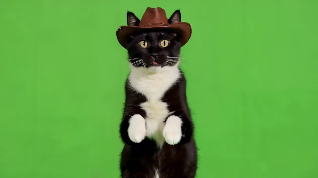Tuxedo Cat Standing Upright with Cowboy Hat