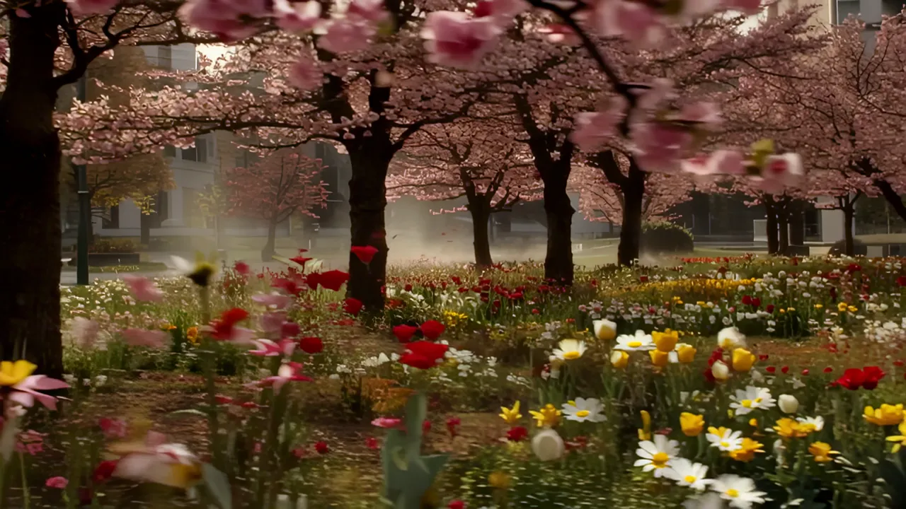 Urban Park with Cherry Blossom Trees in Full Bloom
