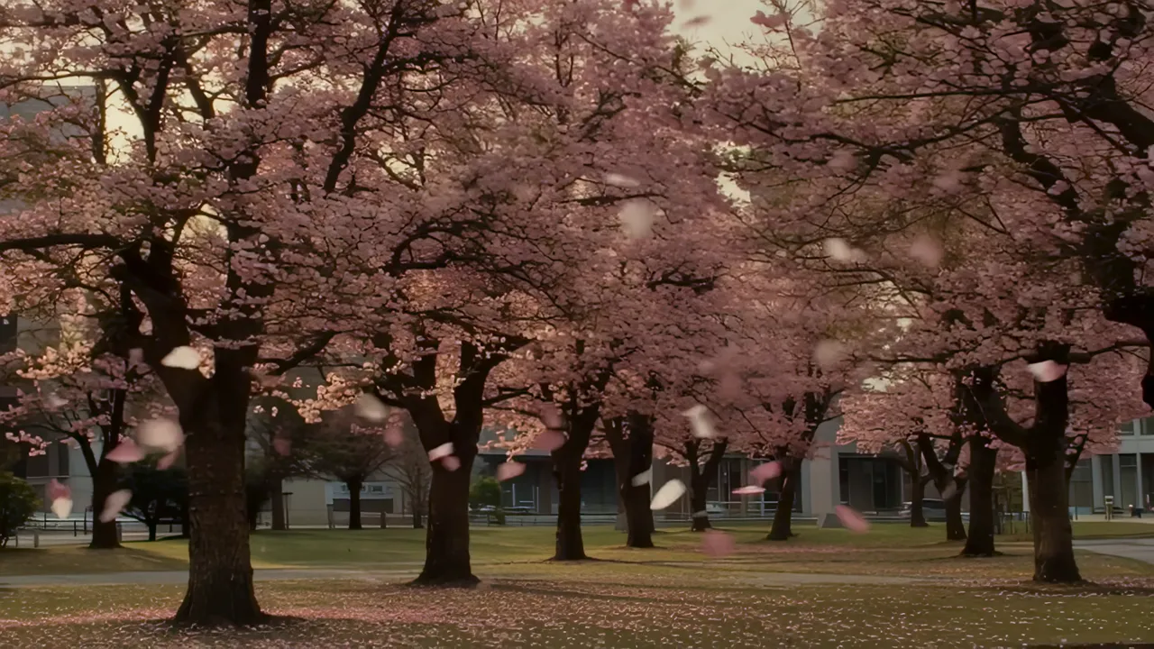 Urban Park with Cherry Blossom Trees in Full Bloom