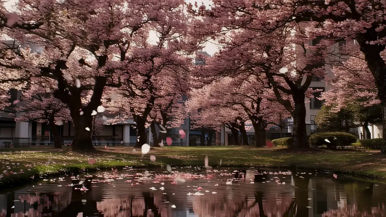 Urban Park with Cherry Blossom Trees in Full Bloom