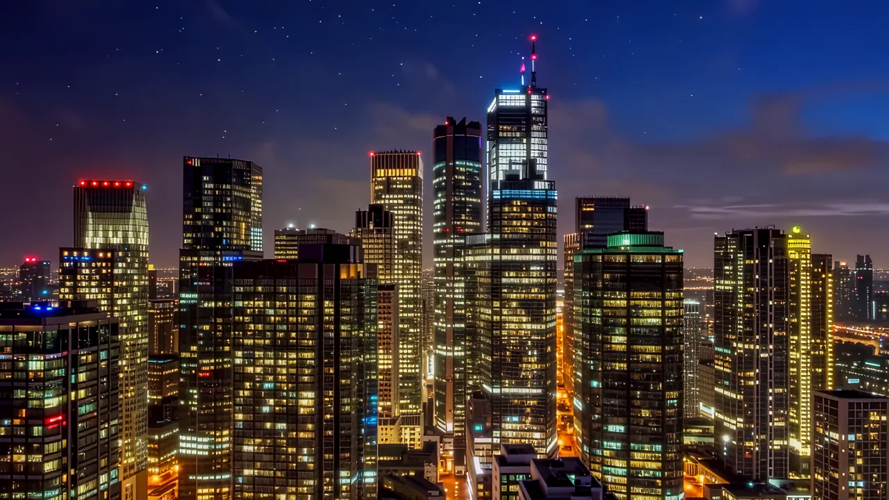 Urban Skyline at Sunset with Reflective Skyscrapers
