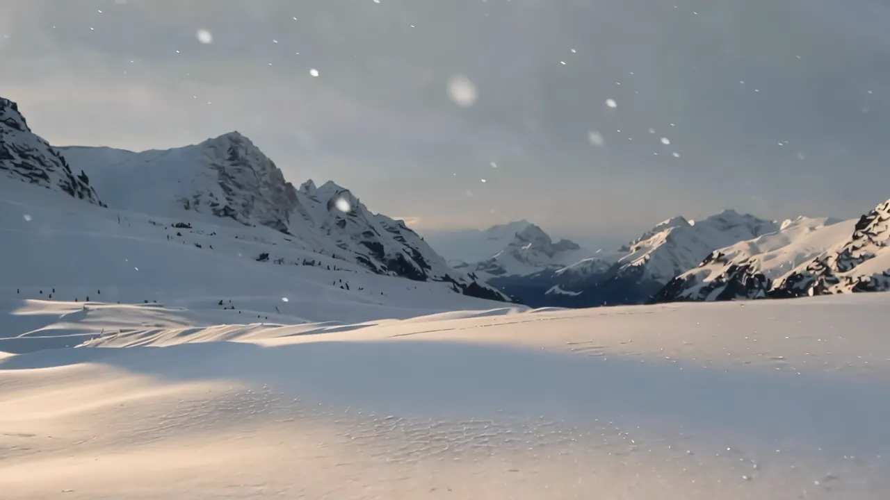 Vast Snow-Covered Mountain Landscape Under Pale Winter Sky