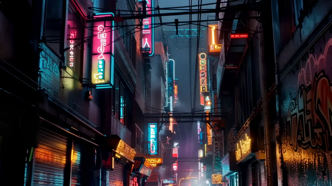 Vertical Shot of Neon Lights and Cables in Urban Alley
