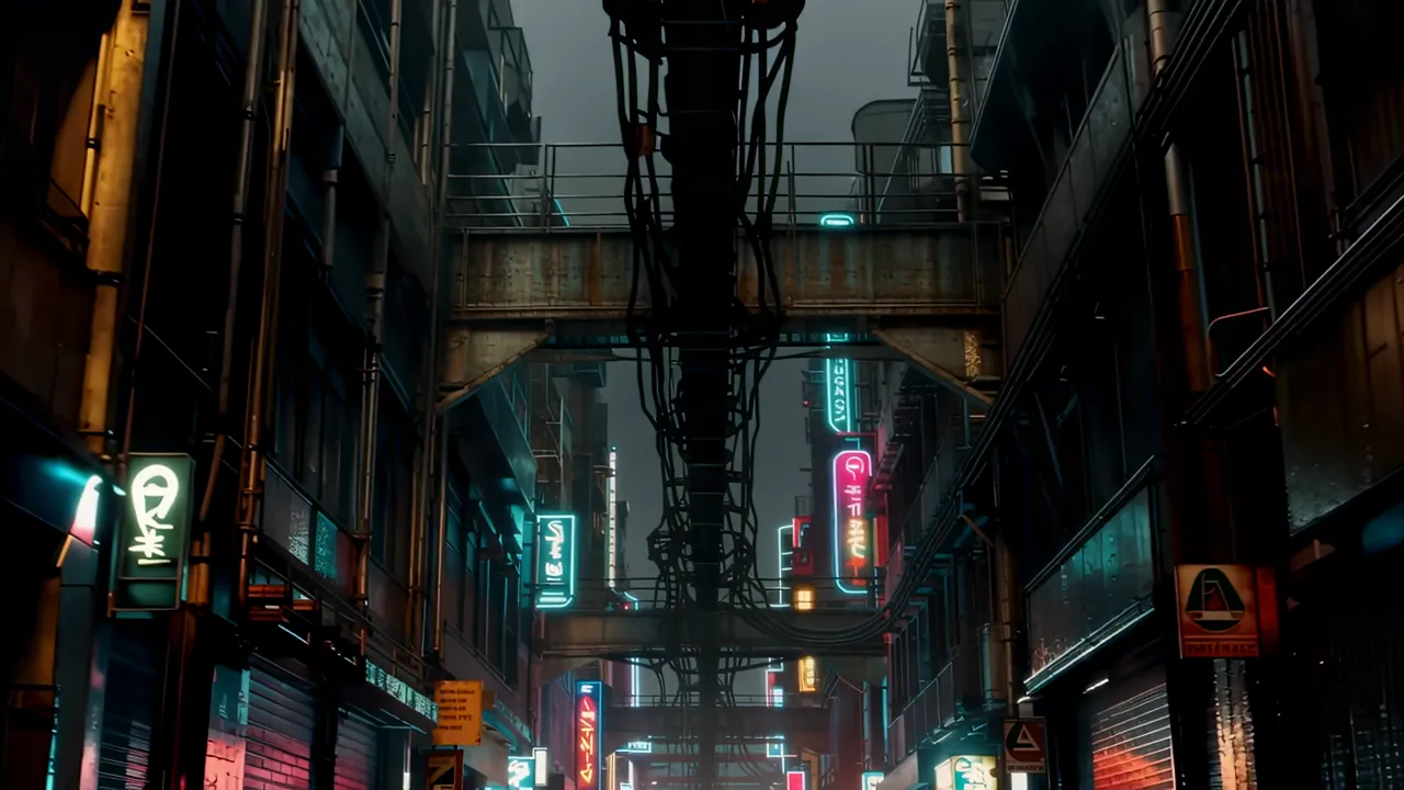 Vertical Shot of Neon-Lit Alley with Walkways and Cables