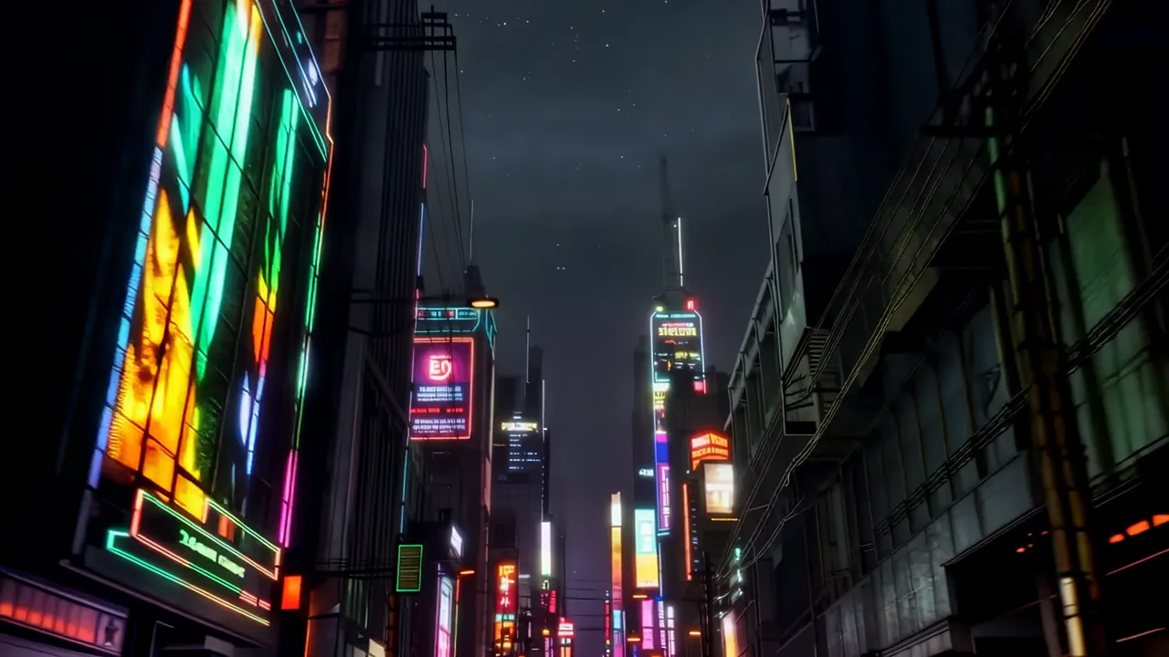 Vertical Shot of Neon-Lit Cityscape at Night