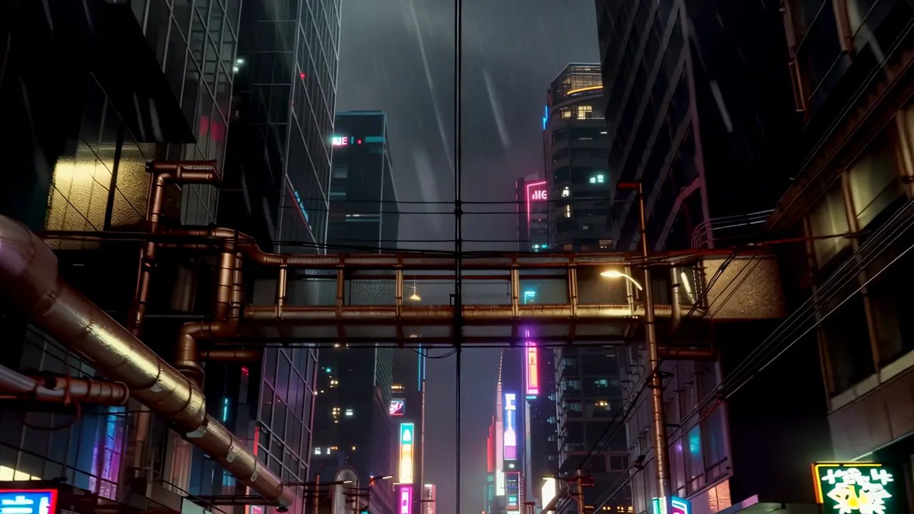 Vertical Shot of Neon-lit Cityscape with Walkways and Cables