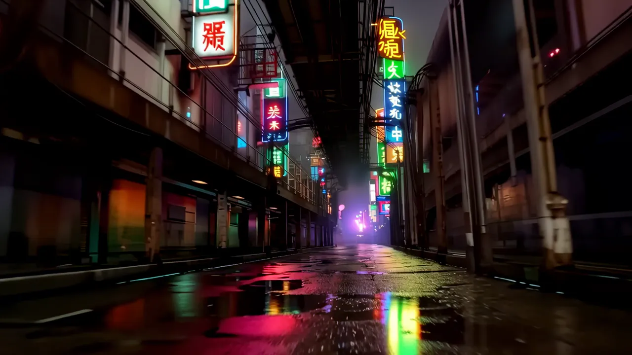 Vertical Shot of Neon Signs and Walkways at Night
