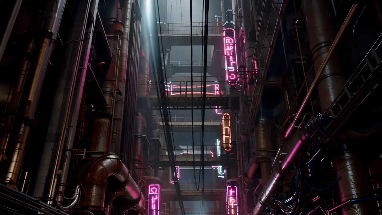 Vertical Shot of Neon Signs and Walkways in Urban Setting