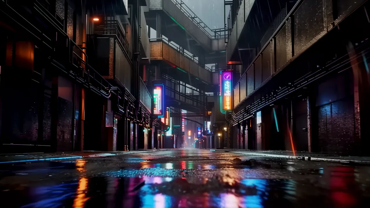 Vertical Shot of Urban Walkways and Neon Signs in Rain