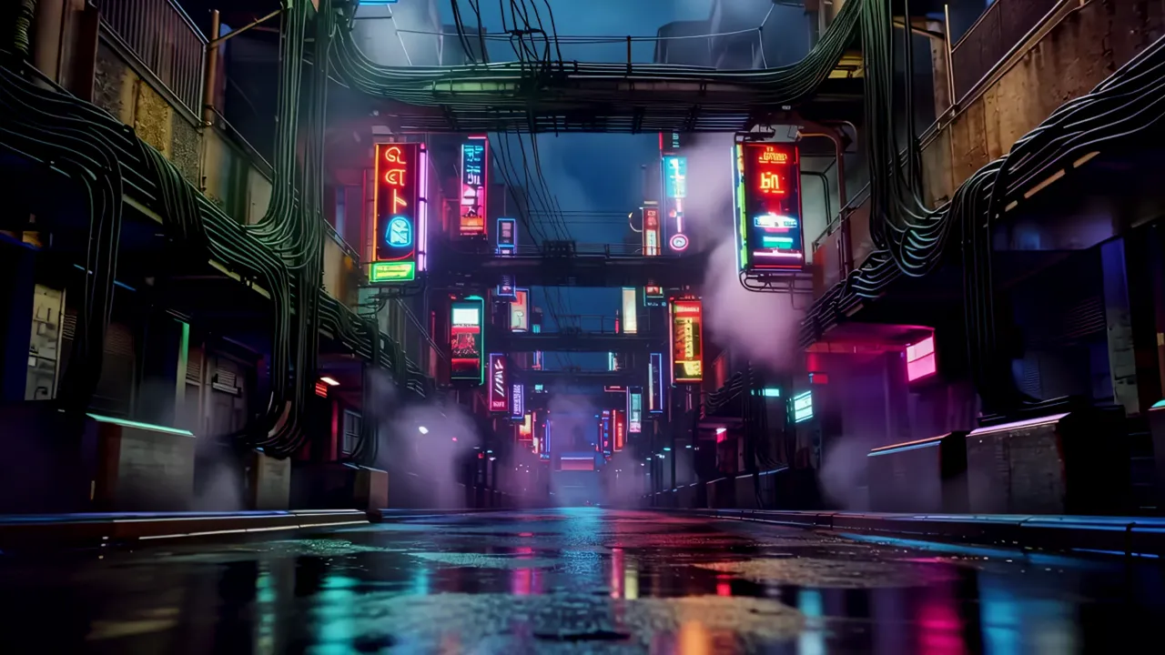 Vertical View of Neon-Lit Alley with Walkways and Cables