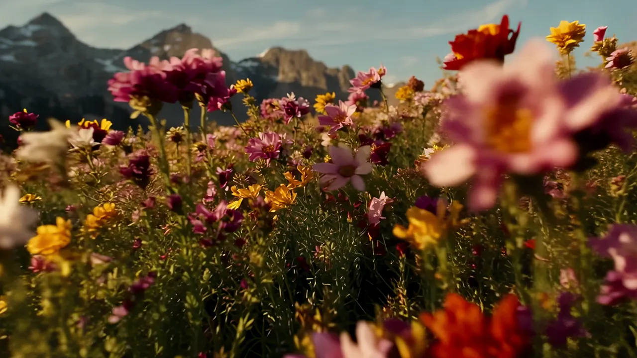 Vibrant Alpine Meadow with Wildflowers and Mountain View