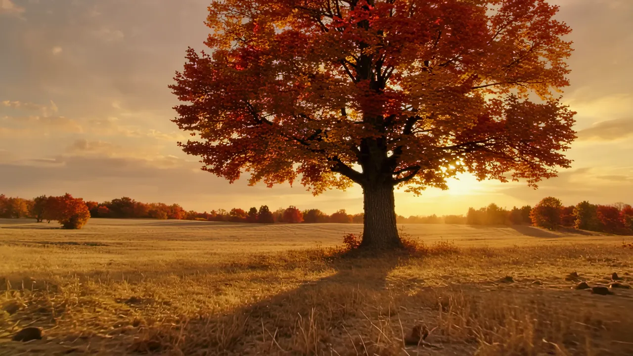 Vibrant Autumn Tree in a Peaceful Meadow at Sunset