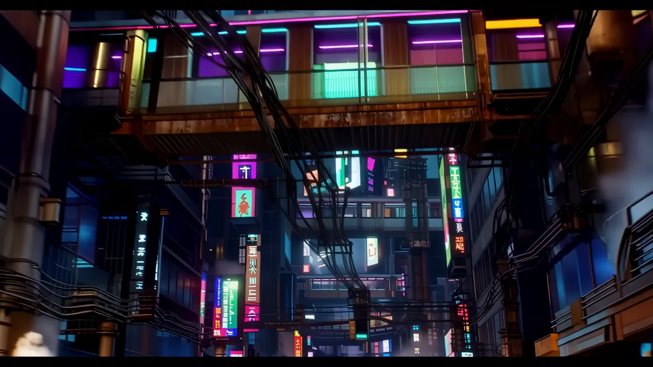 Vibrant Cyberpunk Street Scene with Holograms