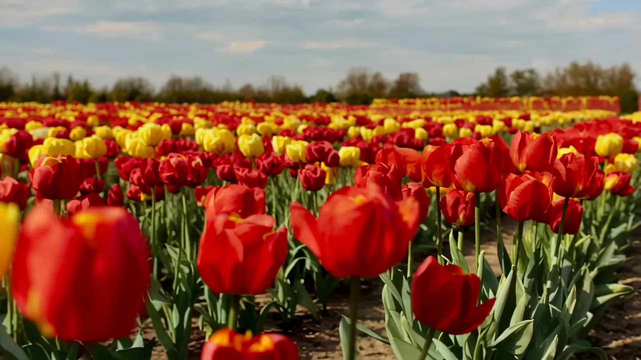 Vibrant Tulip Field in Full Bloom with Red and Yellow Flowers