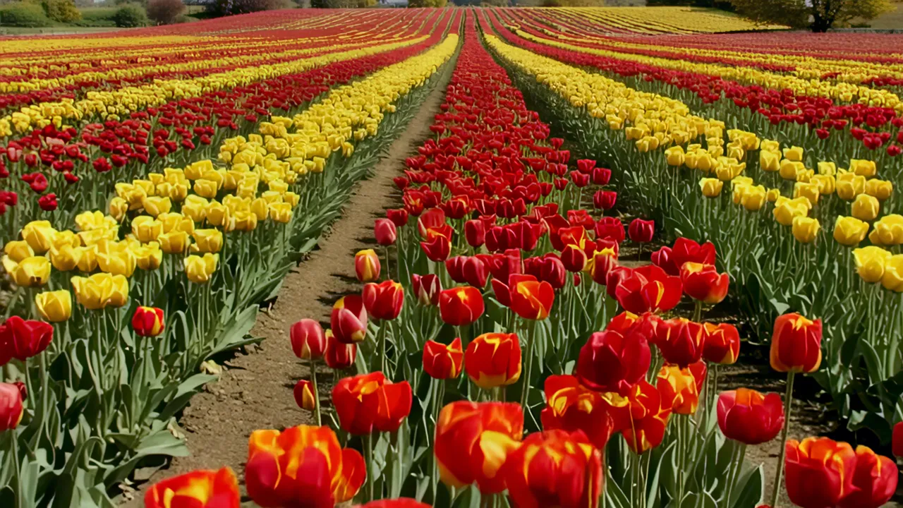 Vibrant Tulip Field in Full Bloom with Rows of Color