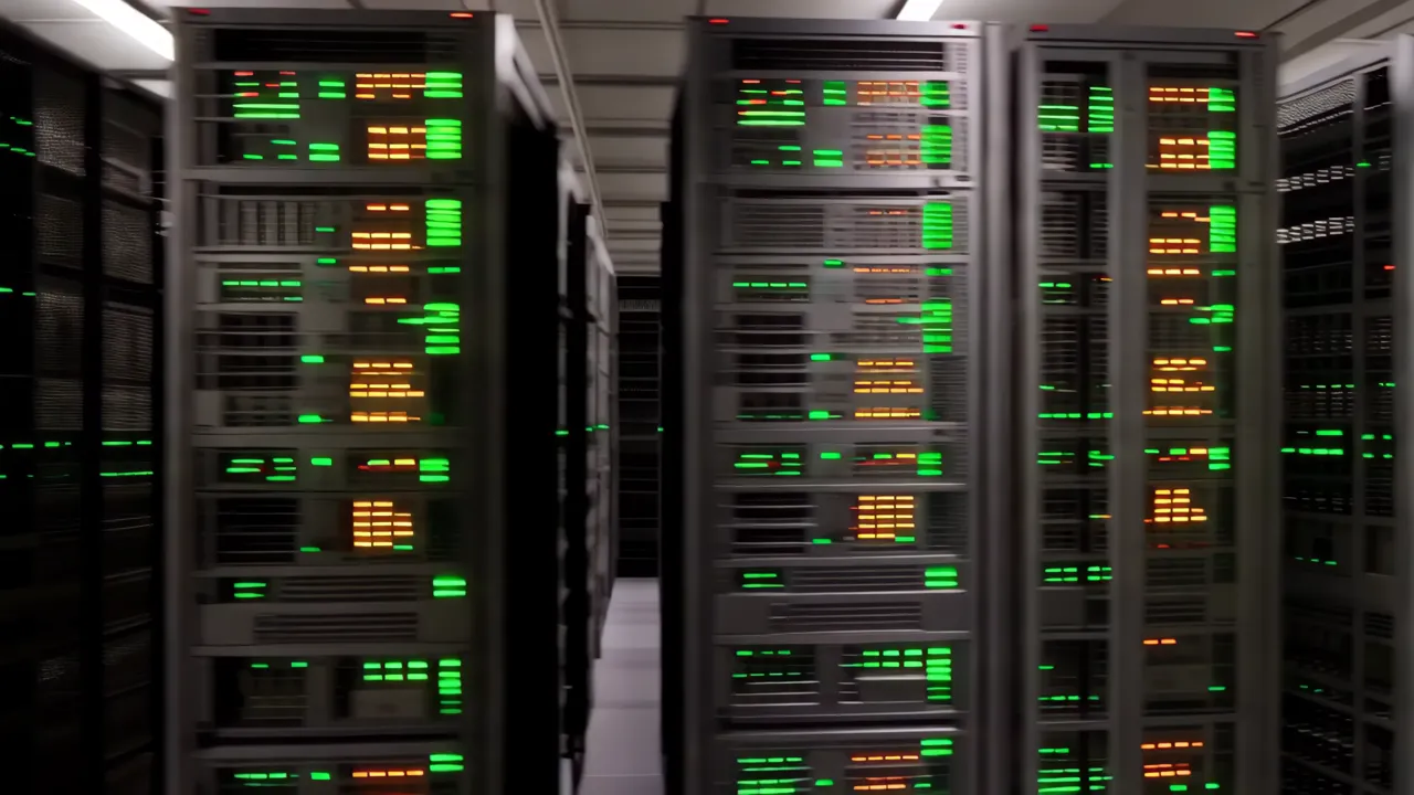 View Down an Aisle of Server Racks with Glowing LEDs