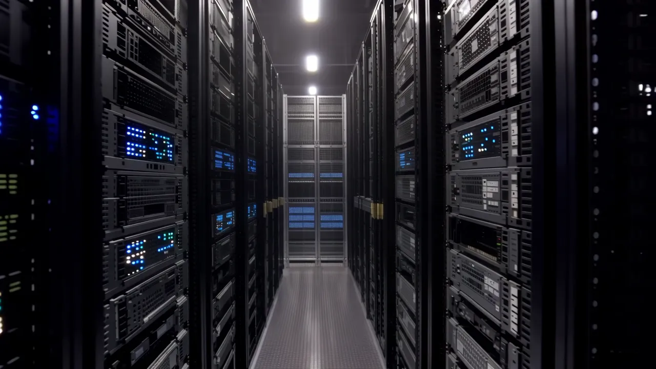 View Down an Aisle of Server Racks with LED Lights