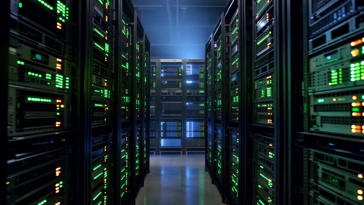 View Inside Data Center with Glowing Server Racks