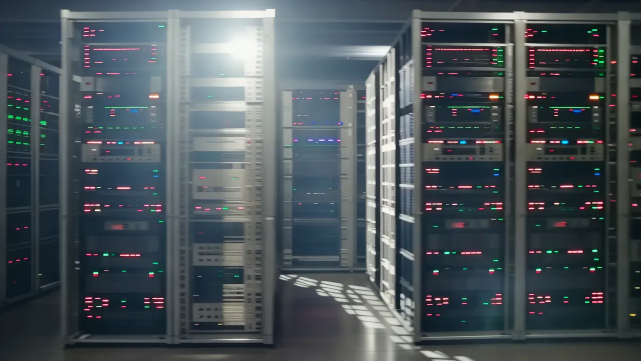 View of a High-Tech Data Center with LED Panels