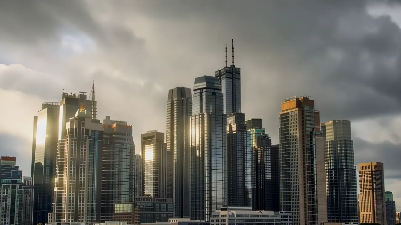 Wide Angle View of a Dense Skyscraper Cluster