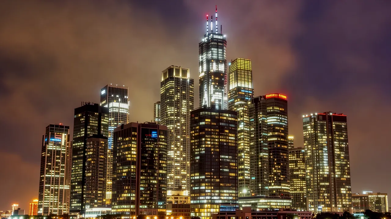 Wide Angle View of Skyscrapers Against a Colorful Sky