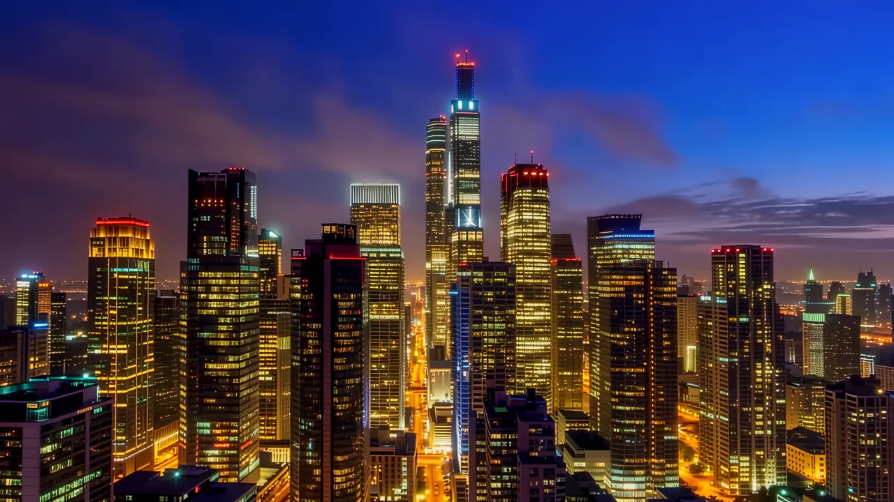 Wide Angle View of Skyscrapers at Sunset