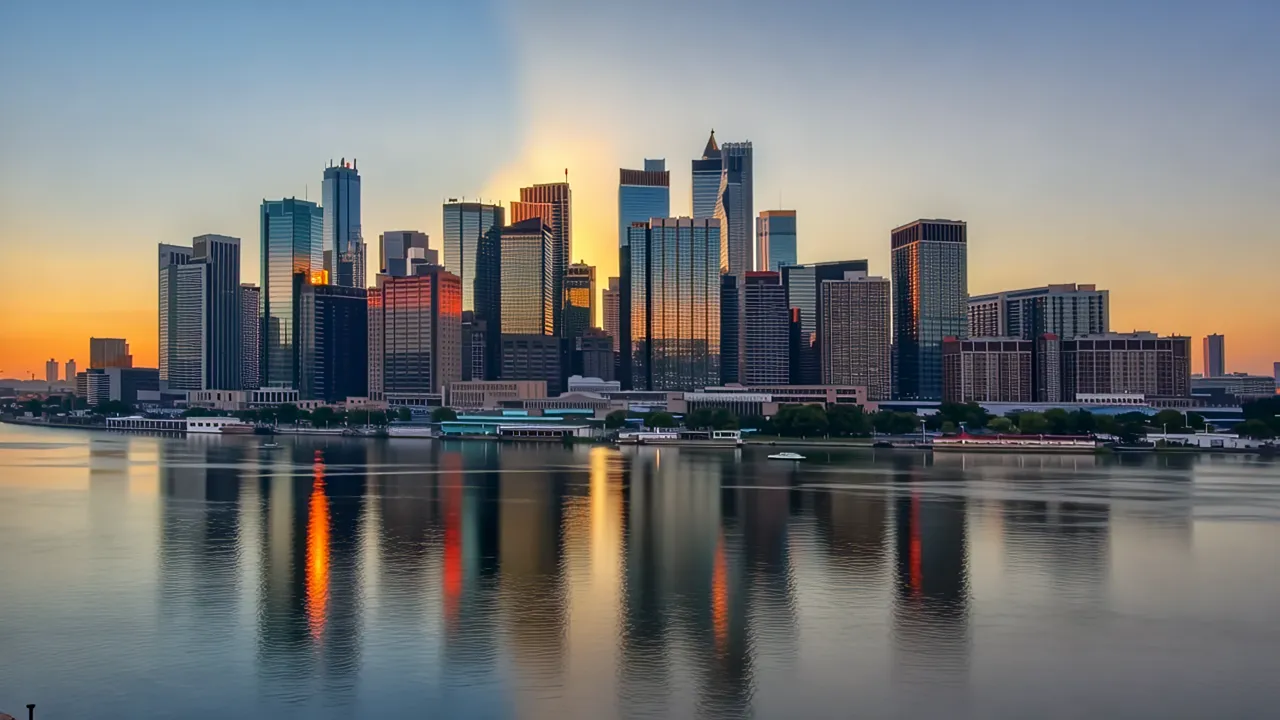 Wide Riverside City Skyline with Reflections at Sunset