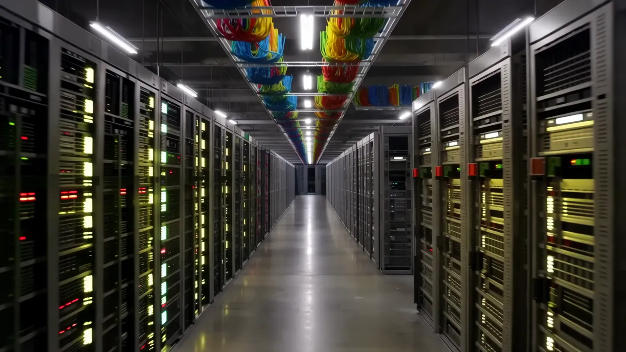 Wide Shot of a Large Data Center Floor with Equipment