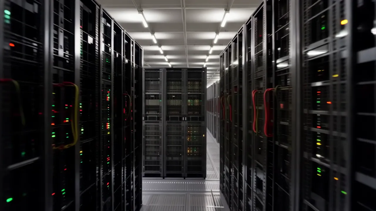 Wide Shot of a Large Data Center Floor with Equipment