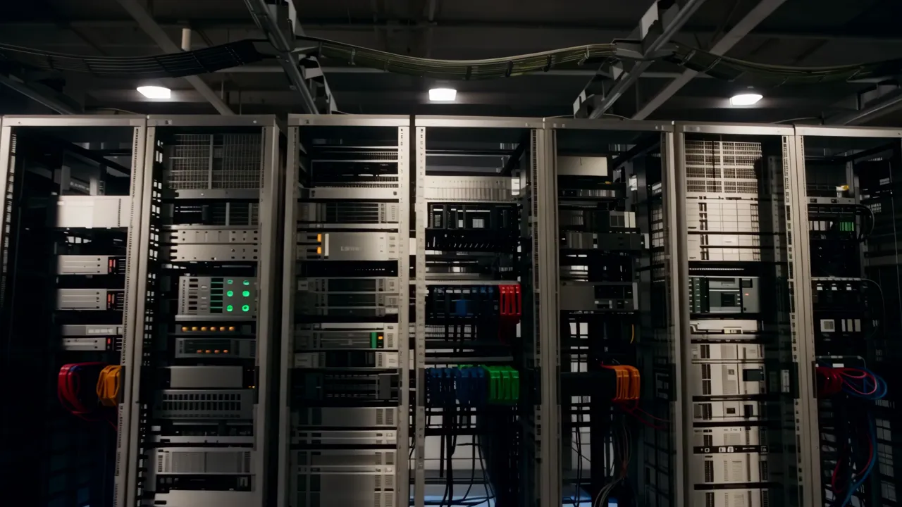 Wide Shot of a Large Data Center Floor with Equipment