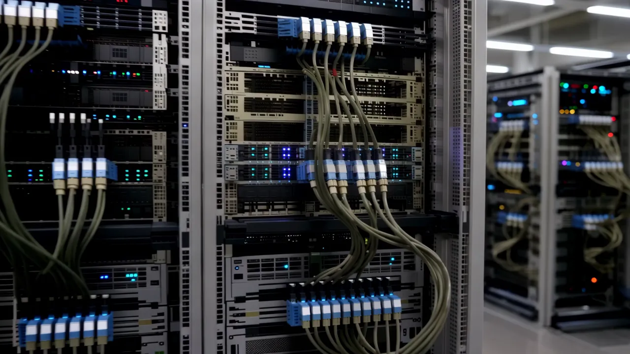 Wide Shot of a Large Data Center Floor with Equipment
