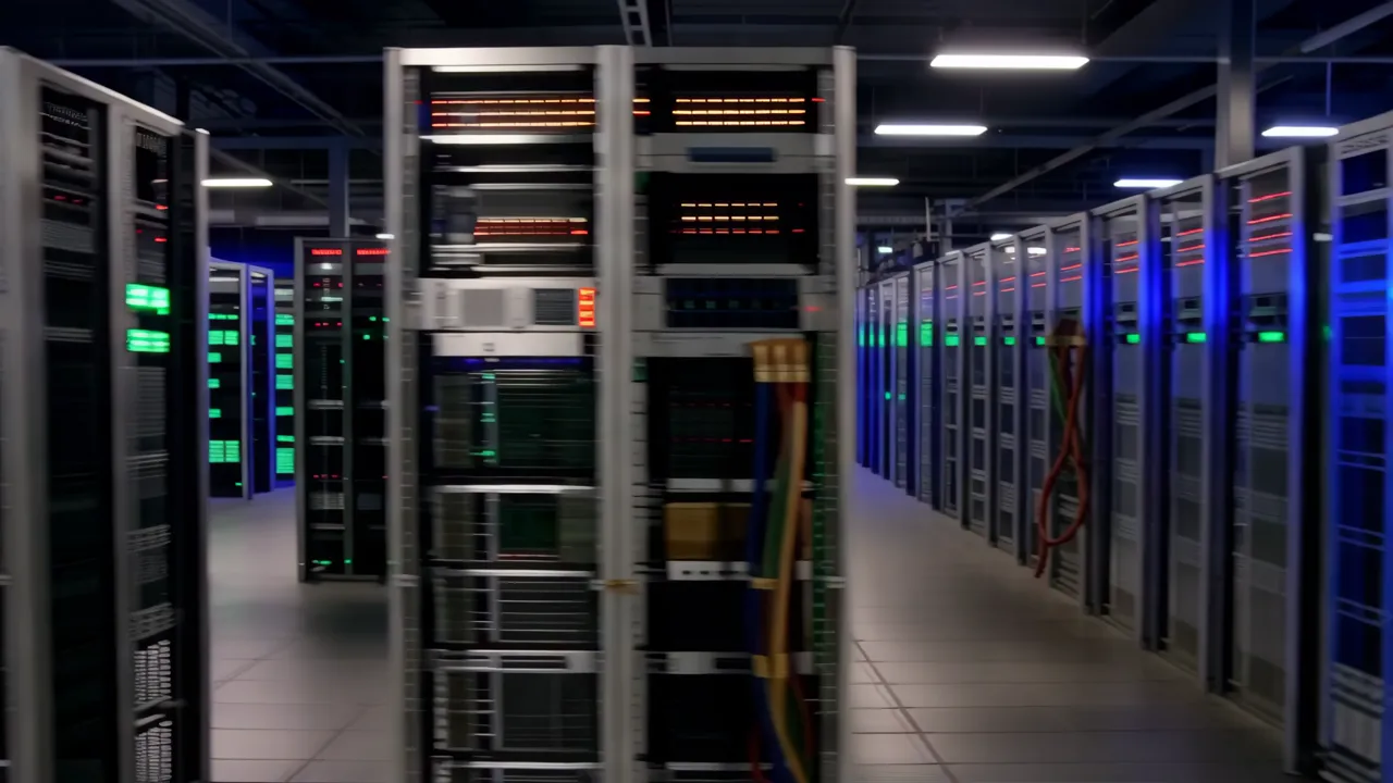 Wide Shot of a Large Data Center Floor with Equipment