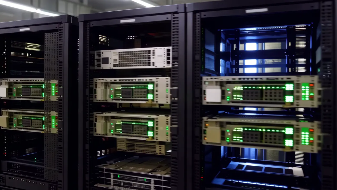 Wide Shot of a Large Data Center with Equipment Racks