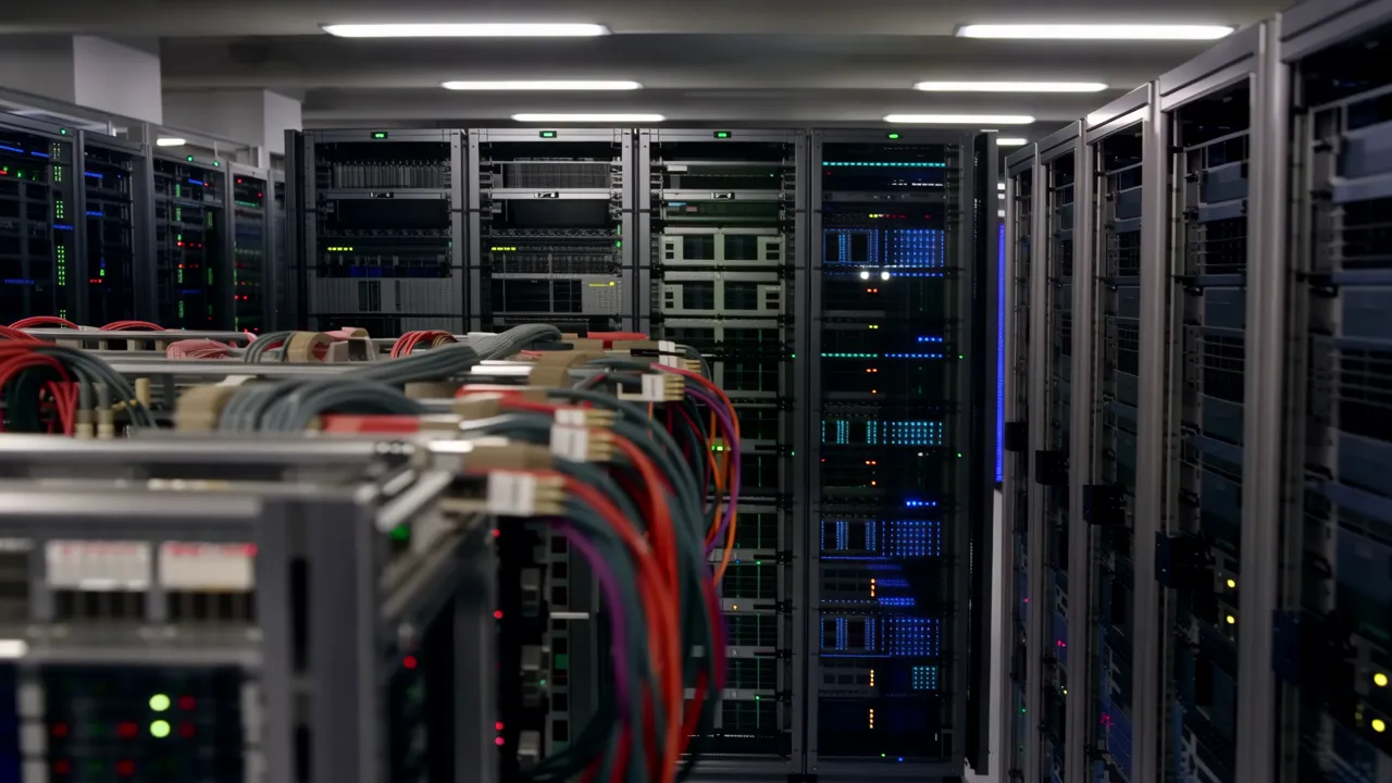 Wide Shot of a Large Data Center with Equipment Rows