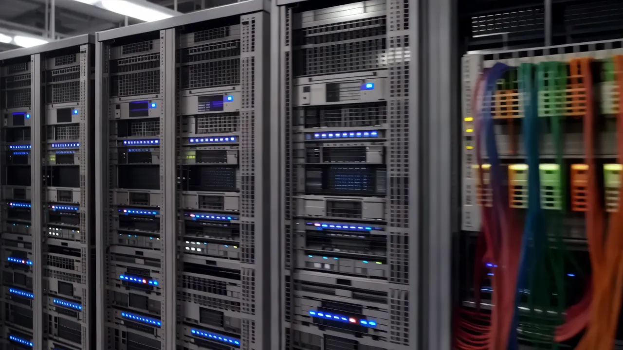 Wide Shot of a Large Data Center with Equipment Rows