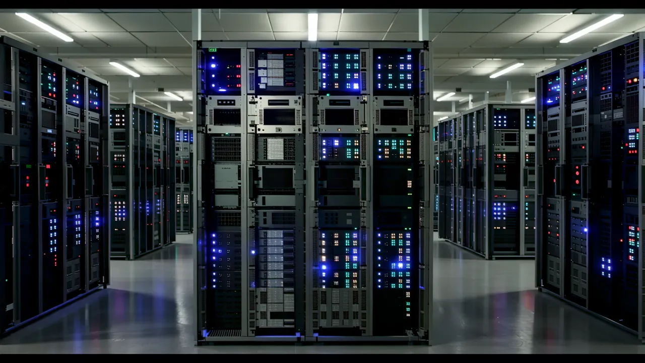 Wide Shot of a Large Data Center with Equipment Rows