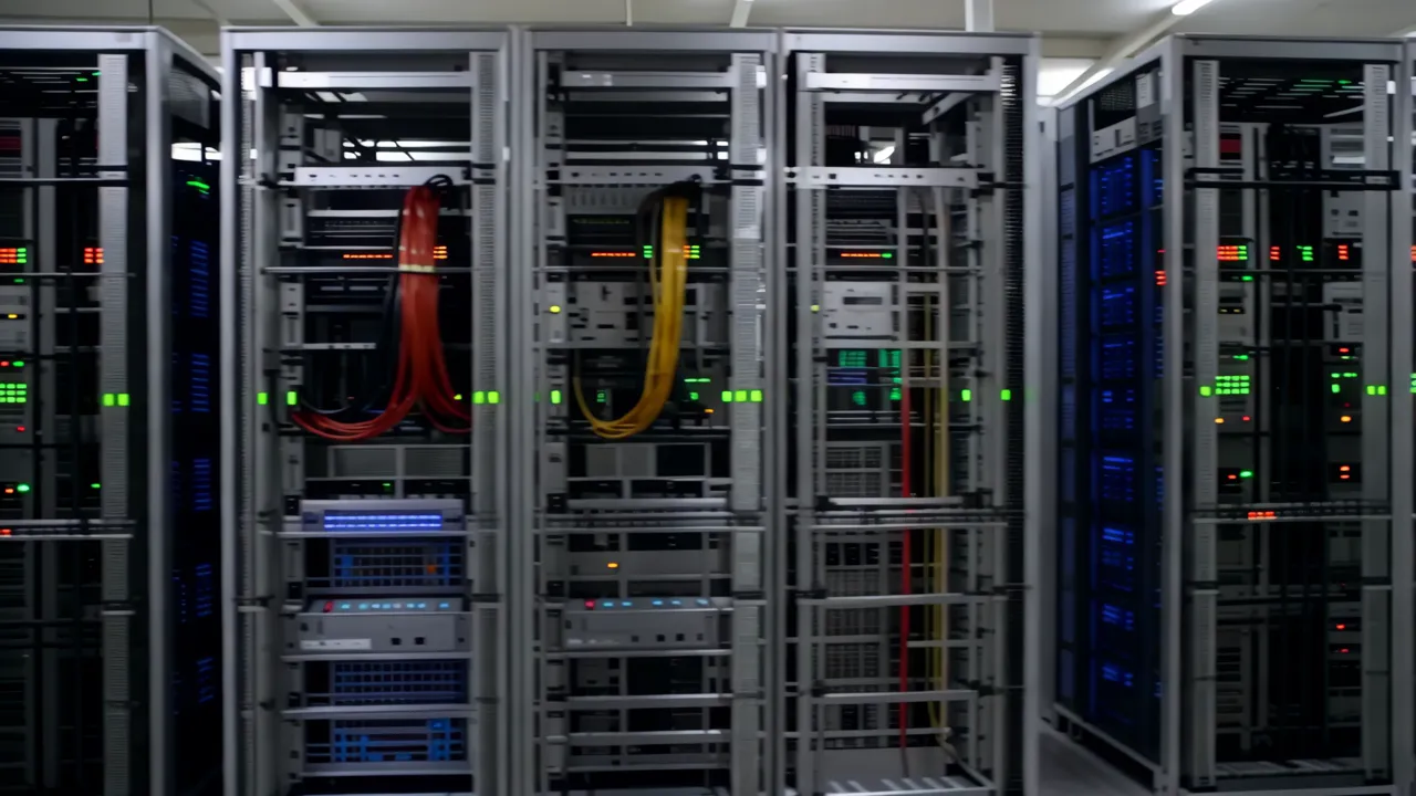 Wide Shot of a Large Data Center with Rows of Equipment