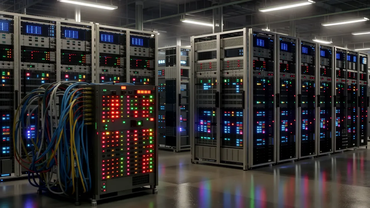 Wide Shot of a Large Data Center with Rows of Equipment
